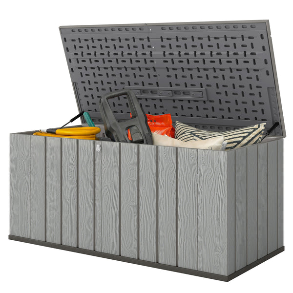 Large capacity outdoor storage box with lockable lid and gas struts.
