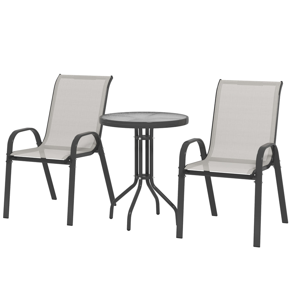 Ensemble bistrot 3 pièces gris clair avec chaises empilables en maille et table en verre, parfait pour jardin ou balcon
