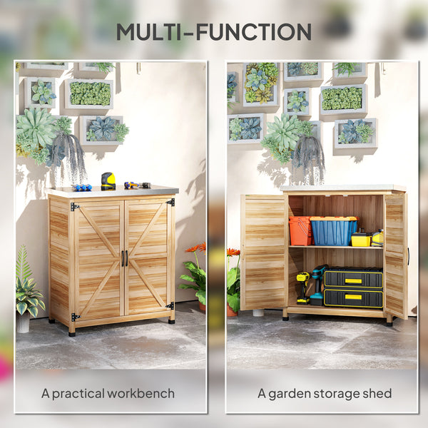 Garden storage unit with metal top, natural color