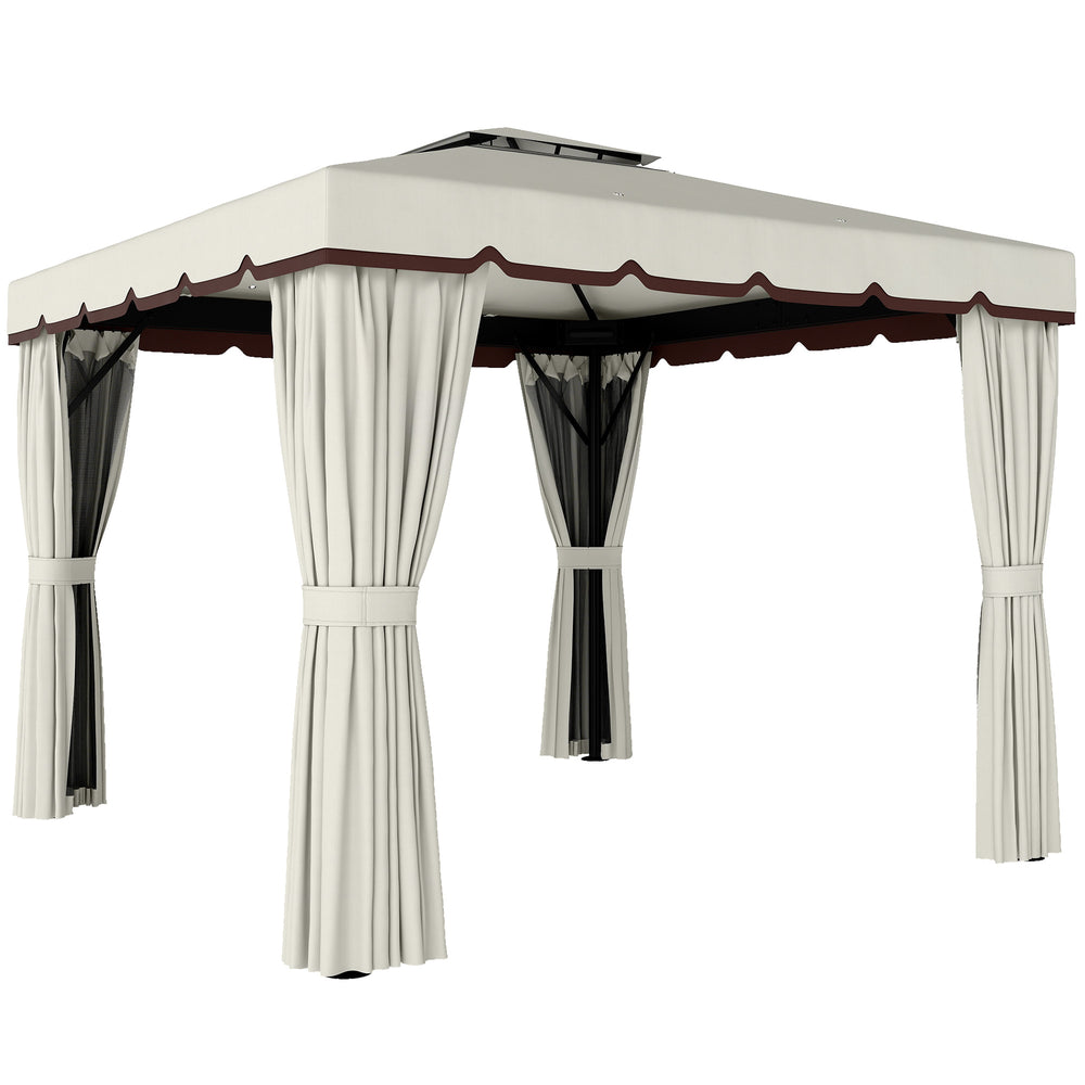 10' x 10' Outdoor Patio Gazebo Double Soft-top Garden Shelter Tent with Curtains, & Mesh Screen Drapes, Cream White