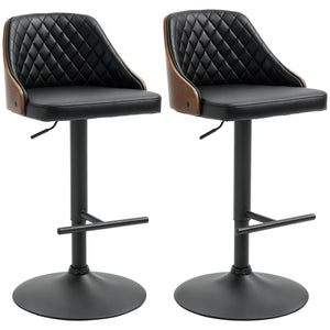 Set of 2 Modern Faux Leather Bar Stools, Swivel and Adjustable, Black