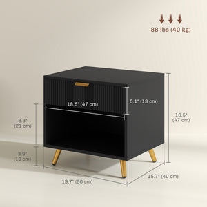 Bedside table with fluted panel, drawer and open compartment, black 