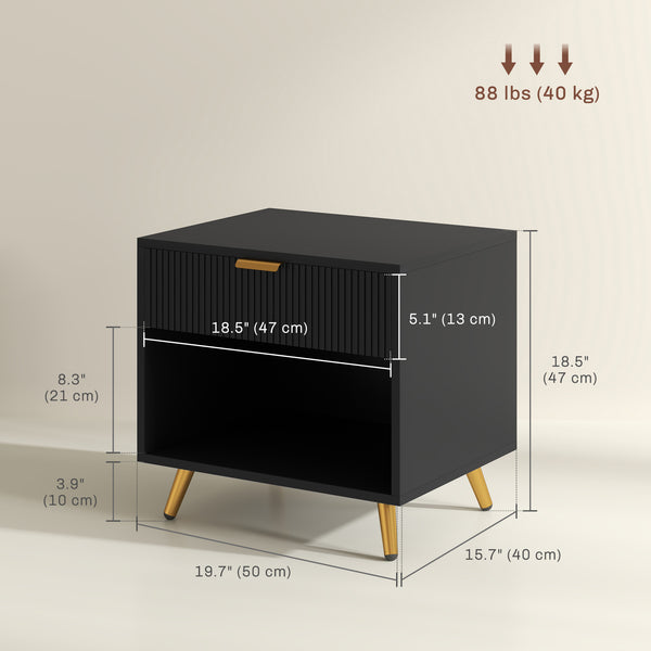 Bedside table with fluted panel, drawer and open compartment, black 