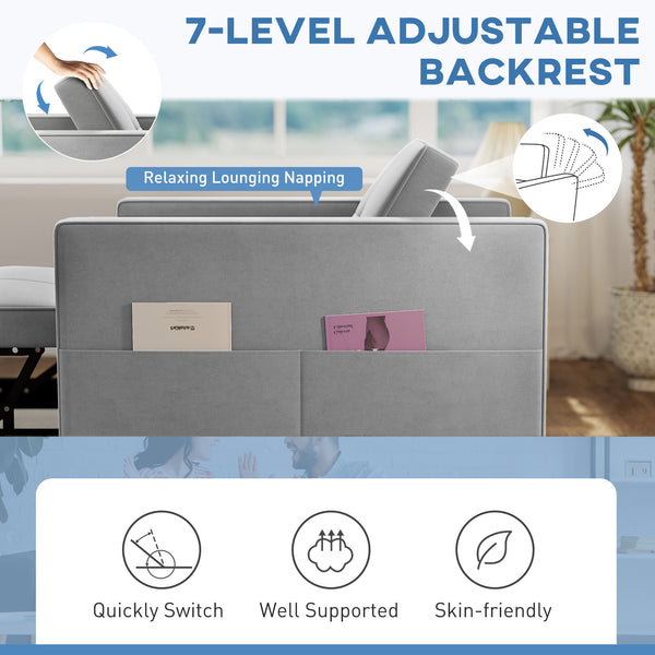 Armchair convertible into a bed with USB port, adjustable backrest, in velvet, gray