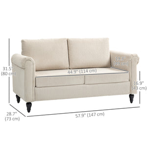 Vintage 2-seater sofa with rolled armrests and rubberwood legs, beige