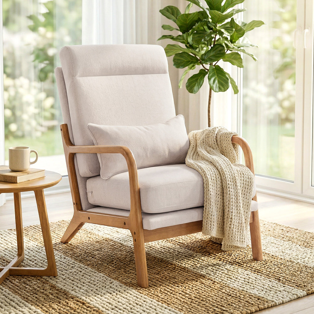 Modern accent chair in linen with lumbar pillow, high back, wide seat, thick cushion, solid wood frame, cream white