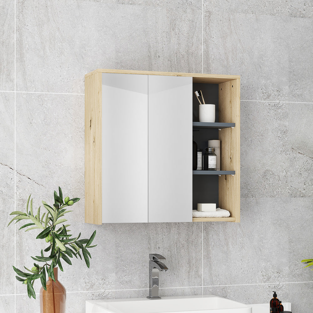 Wall-mounted bathroom cabinet with mirror and 5 storage compartments – Natural wood effect