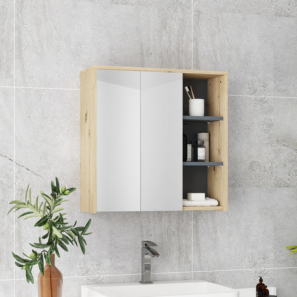 Wall-mounted bathroom cabinet with mirror and 5 storage compartments – Natural wood effect