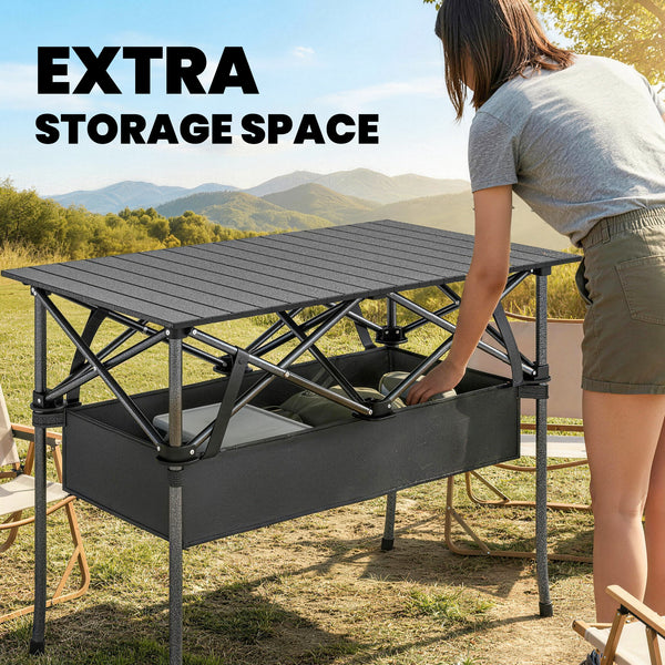 Folding camping table with storage net, carry bag and metal frame, black