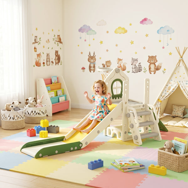 Qaba Foldable 4-in-1 Toddler Slide with Climber, Basketball Hoop, Storage Space, and Basketball for Ages 1-3 Years, Cream