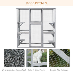 Large weatherproof cat enclosure with asphalt roof, grey