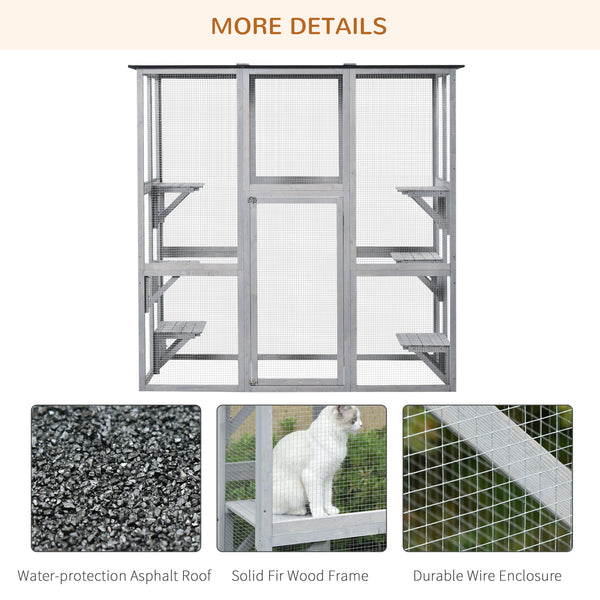 Large weatherproof cat enclosure with asphalt roof, grey