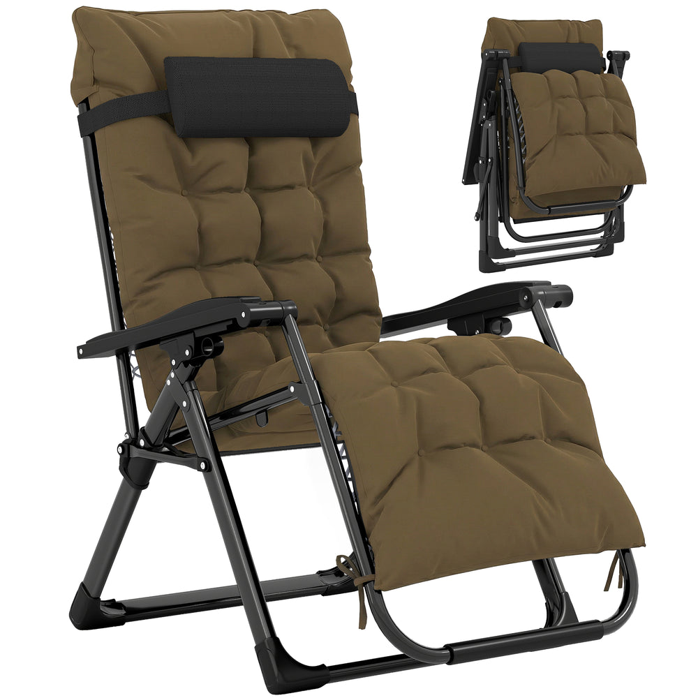 Folding Garden Chair, Reclining Zero Gravity Chair, Sun Lounger with Cushion and Headrest, Khaki