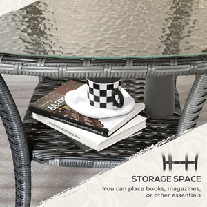 Outdoor Coffee Table with Storage Shelf, Hand-Woven Wicker Side Table with Water-Ripple Glass Top, Mix Grey