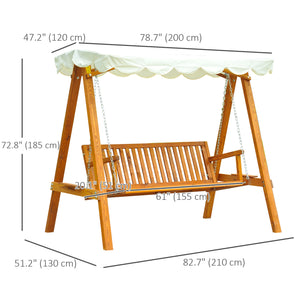 Swing seat with canopy, wooden outdoor bench for garden, natural wood