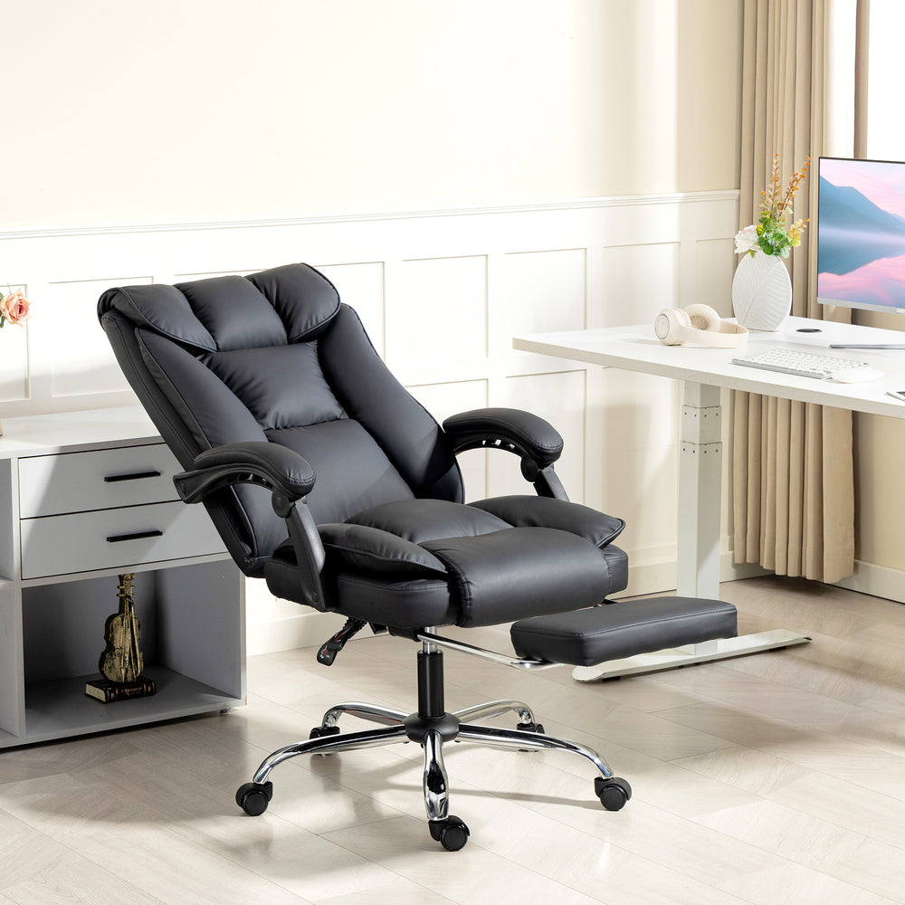Ergonomic leather office chair with footrest, reclining and swiveling, black
