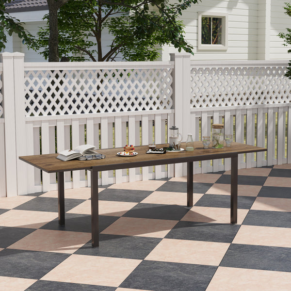 Extendable dining table with aluminum trim and steel frame, brown