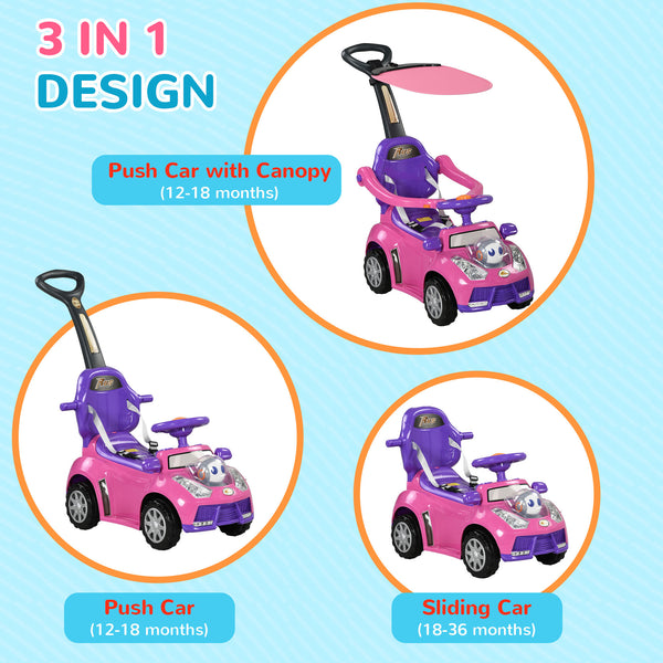 3-in-1 Push Car with Music, Light, Handle and Removable Canopy, Pink