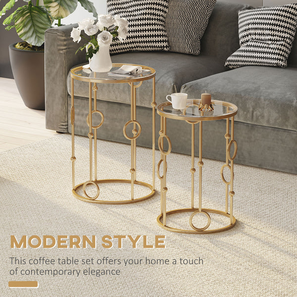 Set of 2 round gold coffee tables with tempered glass top