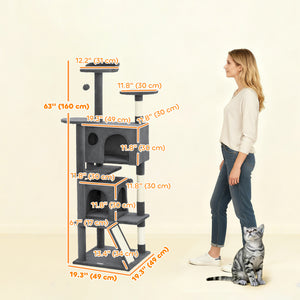 63" Cat Tree, Multi-Level Cat Tower with Scratching Posts, Cat Condos, Bed, Platforms, Ramp, Toy Ball, Dark Gray