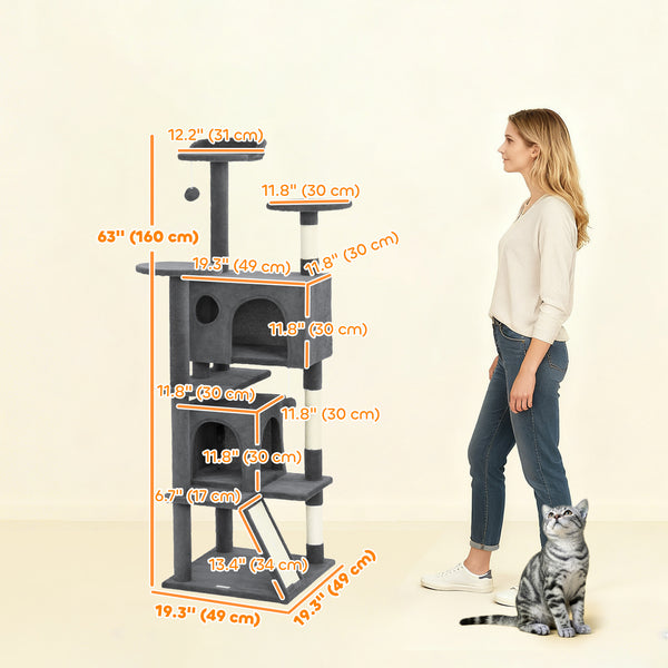 63" Cat Tree, Multi-Level Cat Tower with Scratching Posts, Cat Condos, Bed, Platforms, Ramp, Toy Ball, Dark Gray