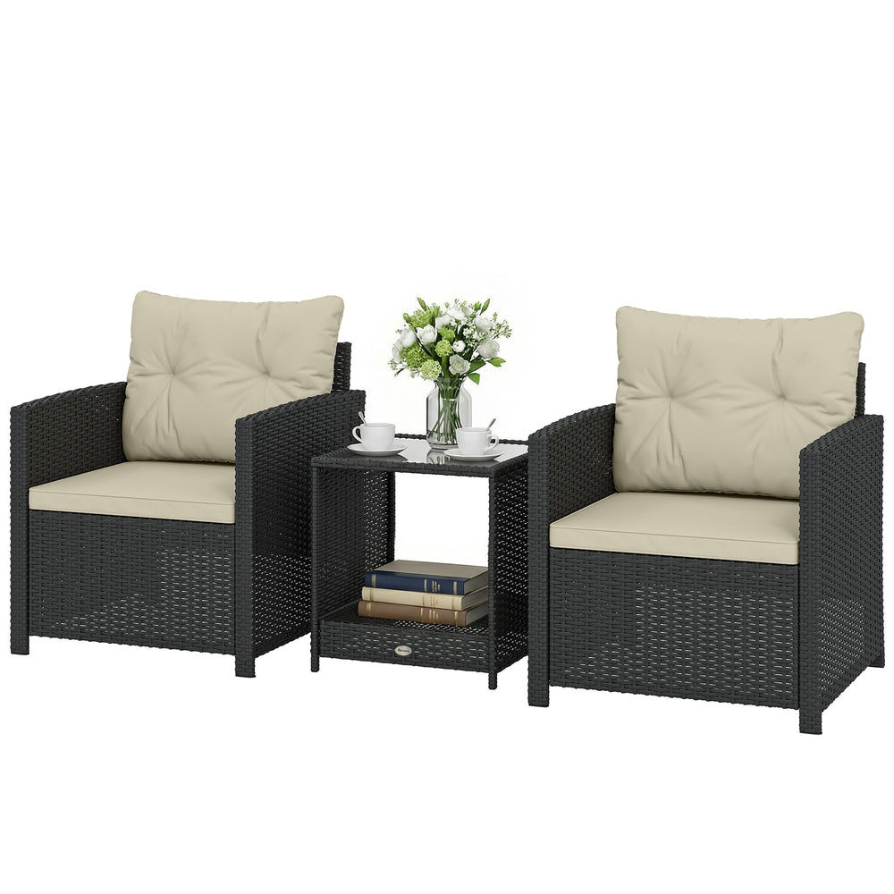 3-Piece Woven Resin Patio Furniture Set with Two-Tier Table and Glass Top, Beige