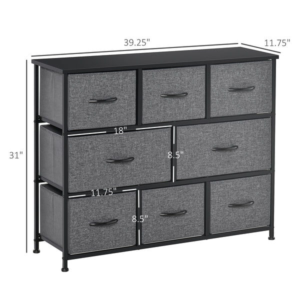 8-bin dresser storage tower with metal frame and fabric drawers