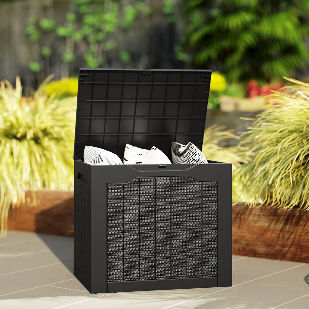 Outdoor resin storage box with handles, waterproof and UV resistant.