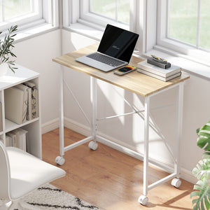 Compact folding desk on casters for small spaces – Oak and white finish