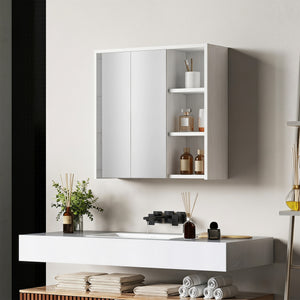 Wall-mounted cabinet with mirrors and shelves, white wood effect