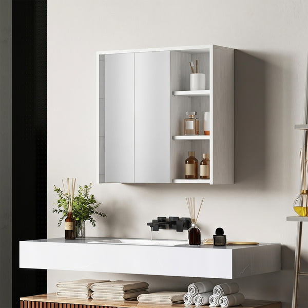 Wall-mounted cabinet with mirrors and shelves, white wood effect