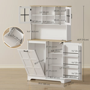 Storage Cabinet with Charging Station, 7 Gallon Trash Can and Adjustable Shelves, White