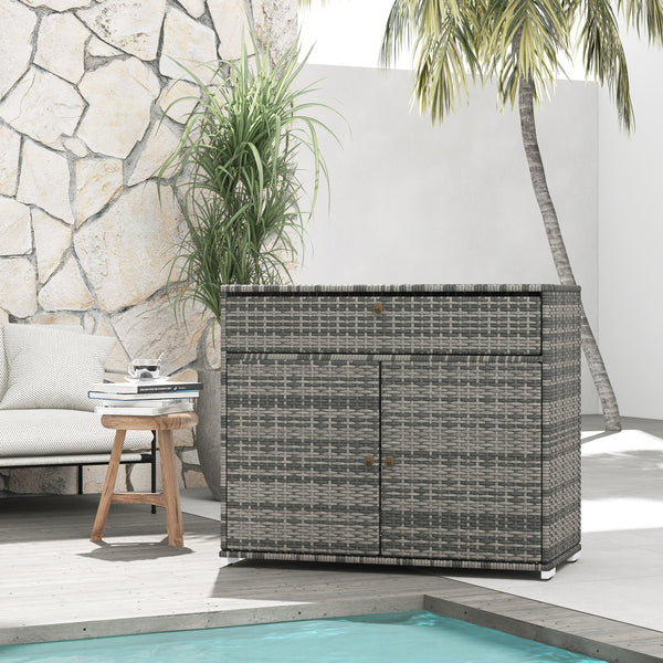 2-door wicker outdoor storage cabinet with drawer, grey