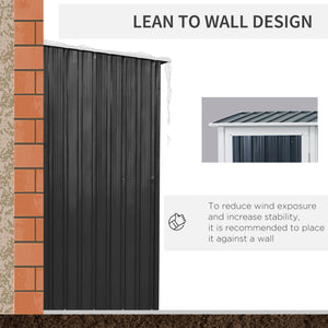 Metal garden shed with sloping roof and lockable door for tools, grey