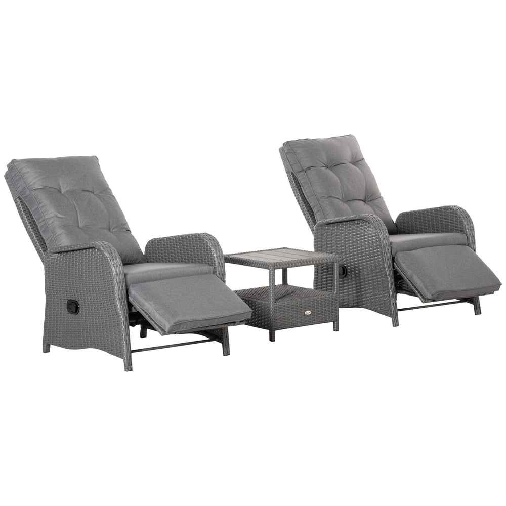 3 Pieces Patio Wicker Bistro Set, PE Rattan Coffee Table & Adjustable Recline Chairs Furniture Set with Cushions and Wood Grain Plastic Top, Grey