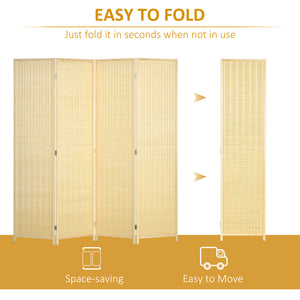Woven bamboo room divider with 4 folding panels, natural