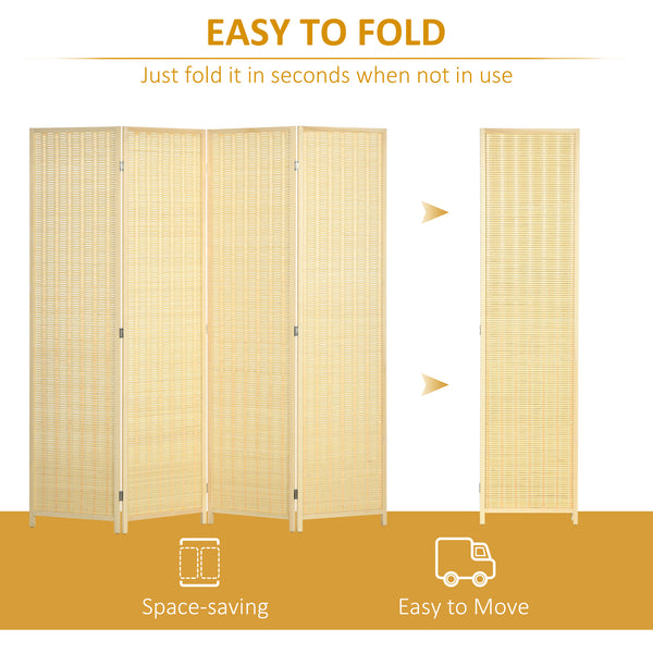 Woven bamboo room divider with 4 folding panels, natural