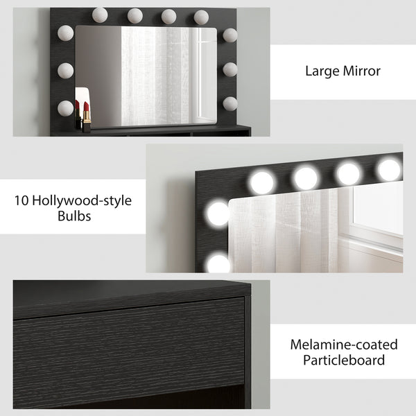 Dressing table with LED lighting mirror, charging station and drawers, black
