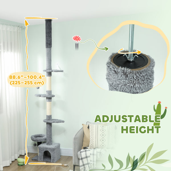 Cat tree with adjustable height from 221 to 254 cm, 4-level climbing tower with scratching post