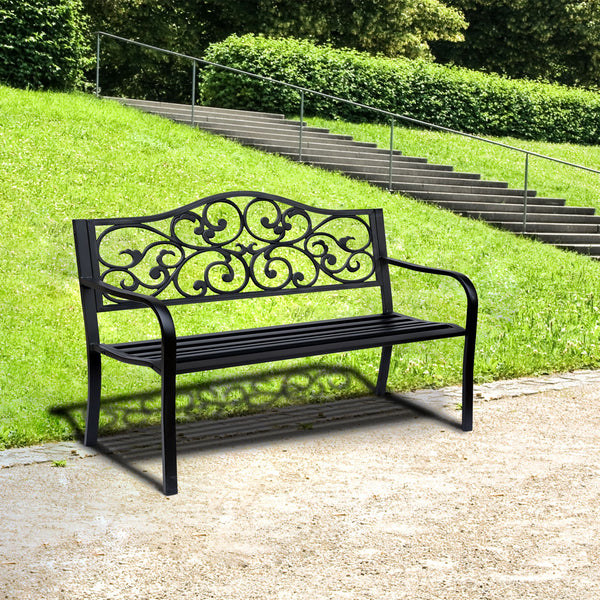 Outdoor garden bench with vintage floral pattern, cast metal, black