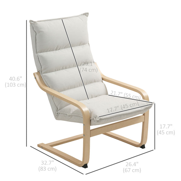 Fabric and birch wood accent chair with curved legs and armrests, cream white