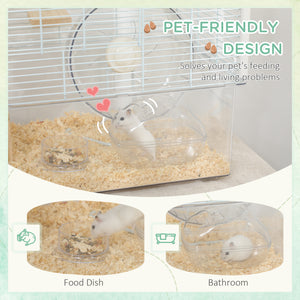 Hamster Cage with Deep Bottom, Wooden Ramp, Hut, Bathroom and Exercise Wheel for Hamster and Gerbil, White