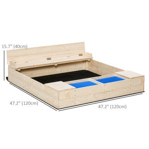 Wooden sandbox with folding bench, 2 plastic trays and bottom liner