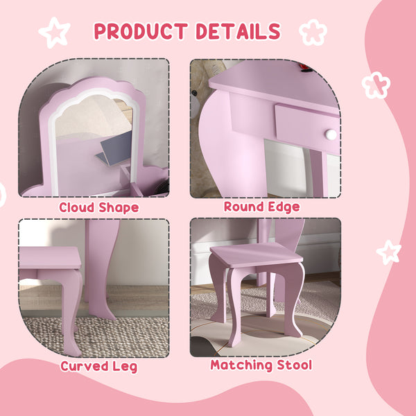 Dressing table with mirror and stool, drawer and storage - pink 