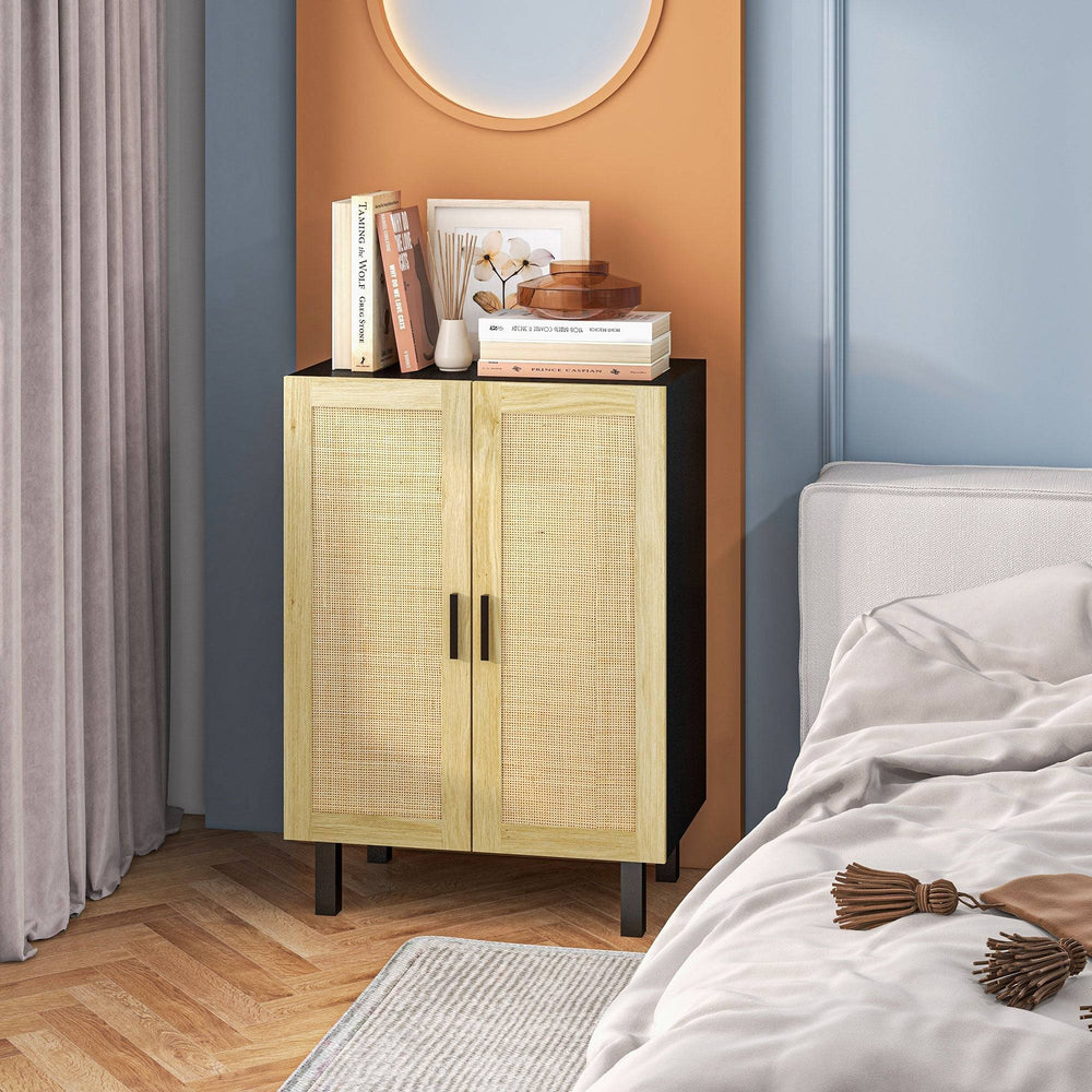 Bohemian sideboard, sideboard with 2 rattan doors and adjustable shelves, black and beige 