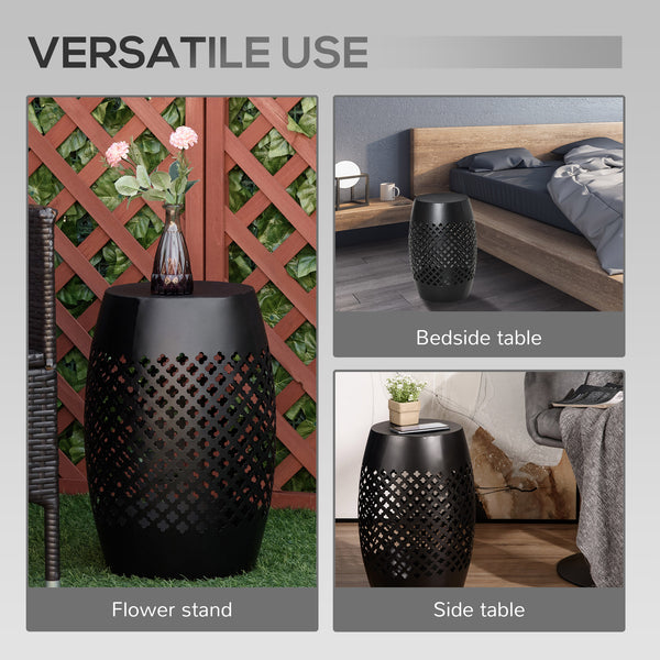 12.5" Steel Patio End Table, Round Hollow Drum Side Table, Accent Table for Indoor and Outdoor, Black