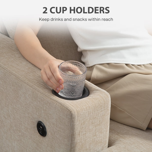 3-seater sofa with USB ports and cup holders, light brown