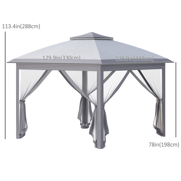 11' x 11' Folding Gazebo, Double-Fly Pop-Up Tent with Zippered Mesh Sidewalls, Adjustable Height and Carry Bag, Gray