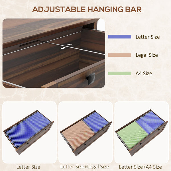 2-drawer filing cabinet, lockable, with adjustable hanging bar, for letter, A4 and legal sizes, brown