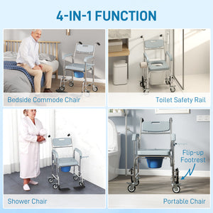 4-in-1 multifunctional commode and shower chair with wheels and footrest – Gray and silver